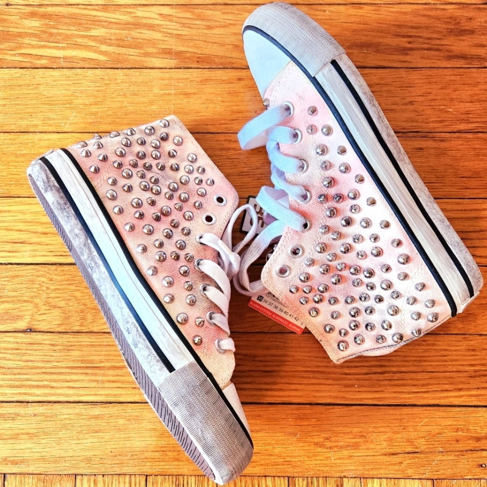 Zara Studded Pink Distressed Canvas Lace Up Sneakers - Picture 1 of 7